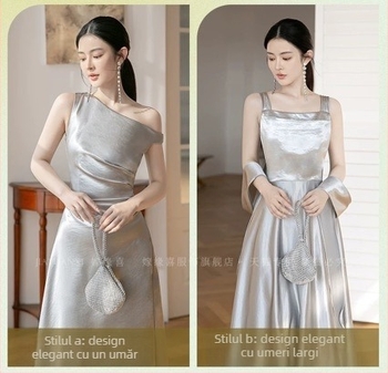 Rochie de domnișoară de onoare, croială A-line, Ice Silk cu poliester peste 95%, fără mâneci, lungă