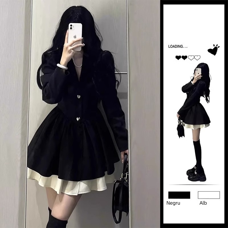 rochie din poliester, culoare solidă, guler stil sacou, mâneci lungi, fustă puff scurtă — toamnă 2024