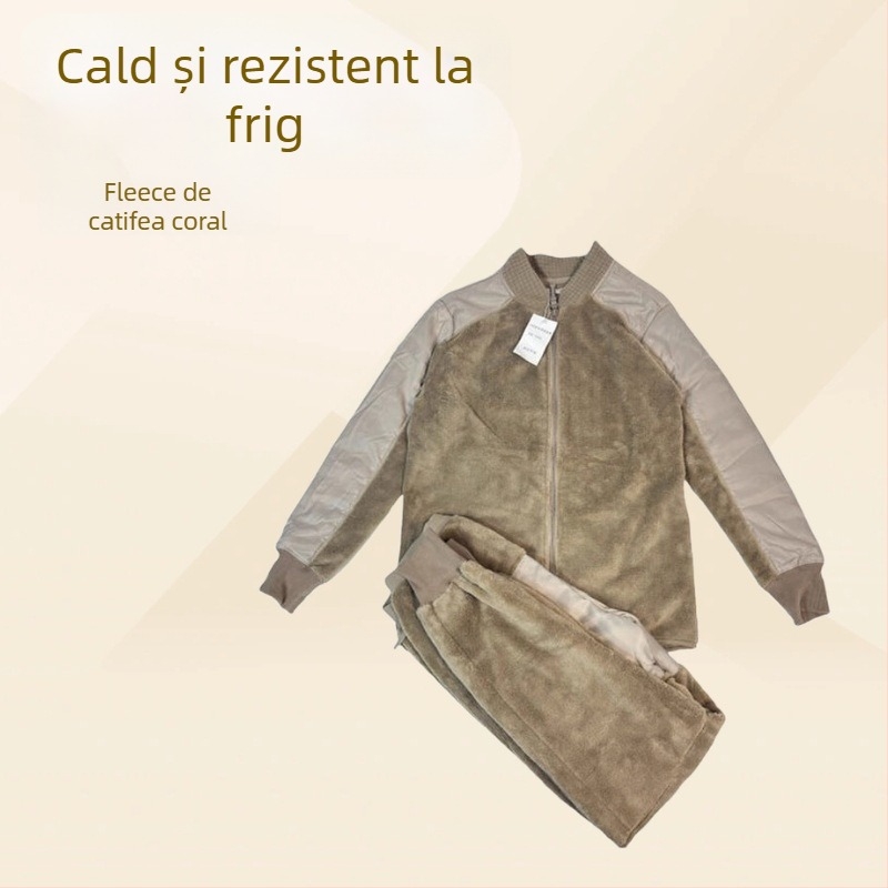 Set jachetă și pantaloni din fleece pentru iarnă, unisex, cu fermoar, ușor, căptușeală dublă din velur
