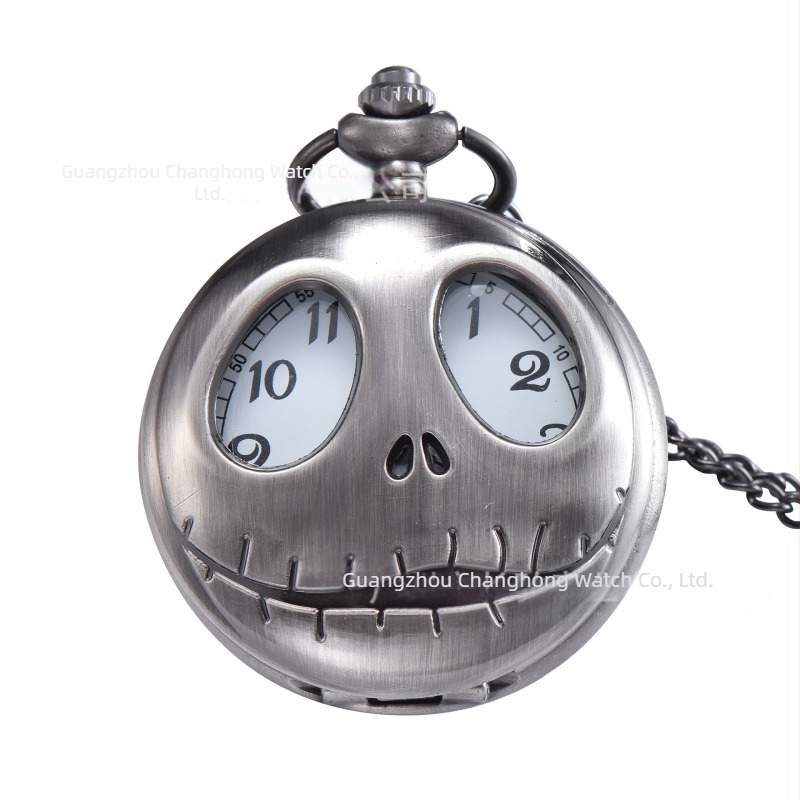 Ceas de buzunar‑pandantiv cu design craniu-fantomă, mișcare quartz SL68, cadran 47 mm, carcasă din aliaj de zinc, timp mondial și afișaj 24 de ore