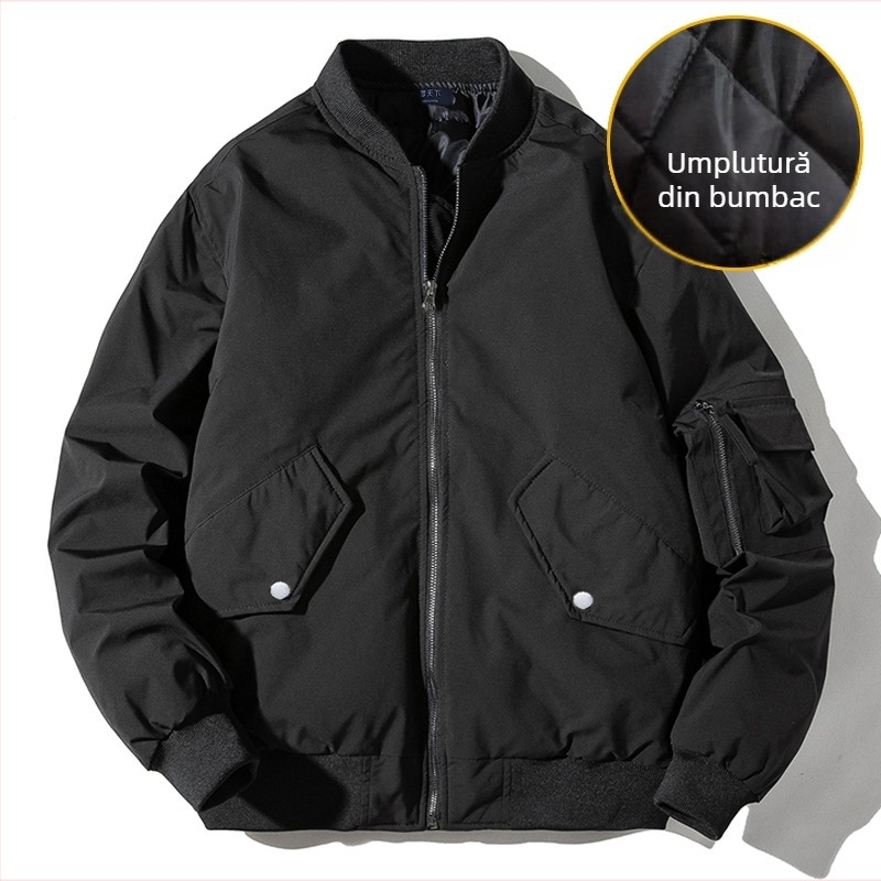 Geacă din bumbac quilted, cu guler înalt, fermoar, umplutură din bumbac și căptușeală poliester