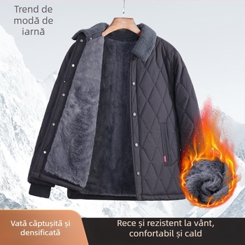 Geacă de iarnă din bumbac pentru bărbați, croială lejeră, închidere cu nasturi la un singur rând, umplutură poliesterică groasă, guler demontabil