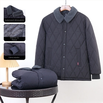 Geacă de iarnă din bumbac pentru bărbați, croială lejeră, închidere cu nasturi la un singur rând, umplutură poliesterică groasă, guler demontabil