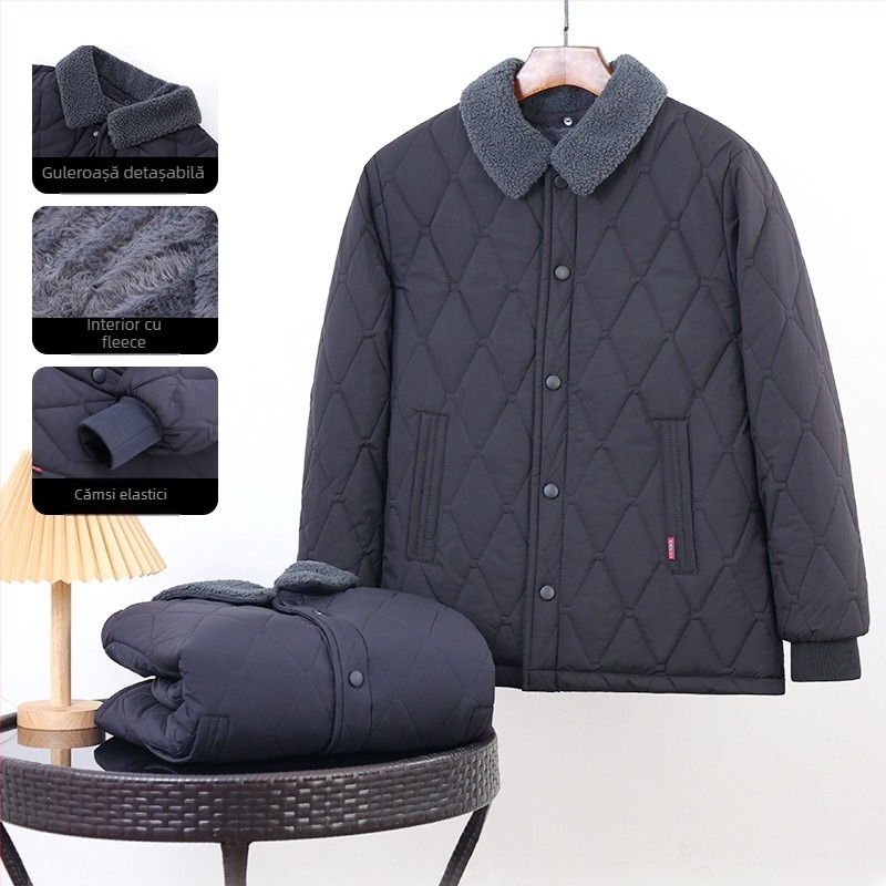 Geacă de iarnă din bumbac pentru bărbați, croială lejeră, închidere cu nasturi la un singur rând, umplutură poliesterică groasă, guler demontabil