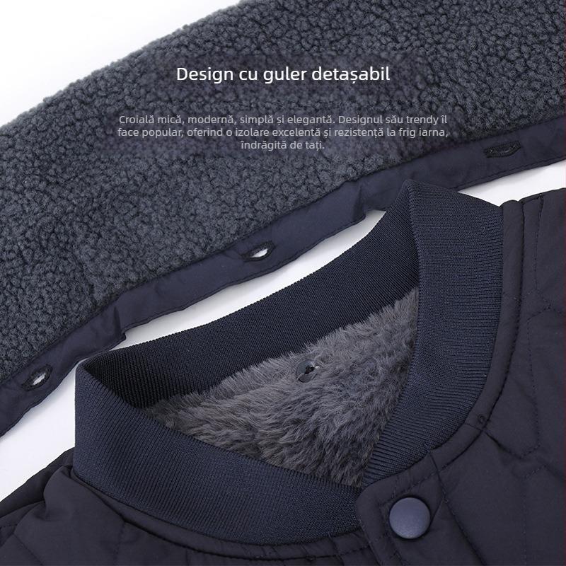 Geacă de iarnă din bumbac pentru bărbați, croială lejeră, închidere cu nasturi la un singur rând, umplutură poliesterică groasă, guler demontabil