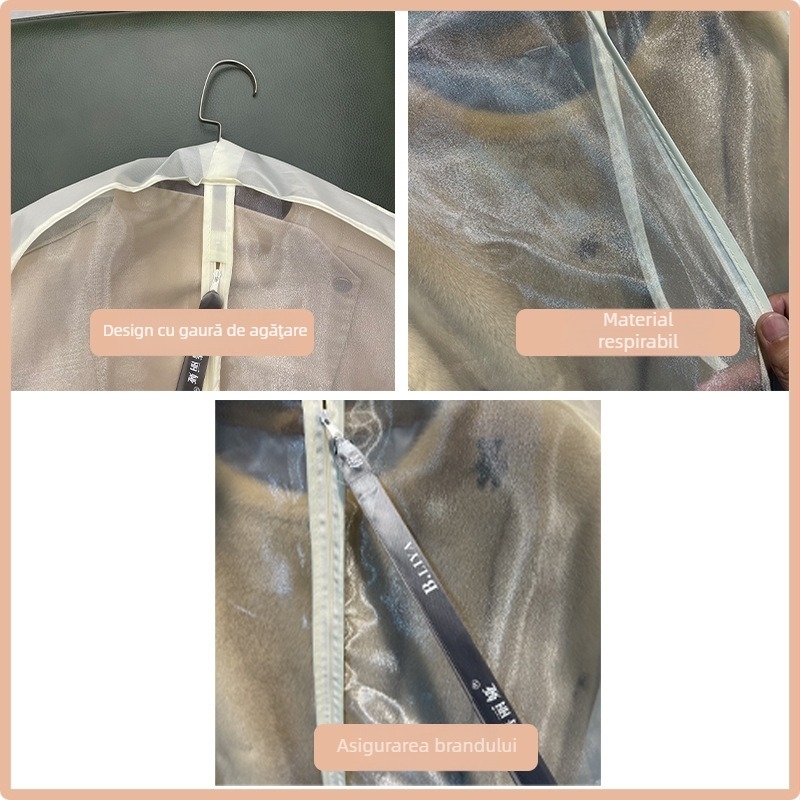 Bella husă antipraf pentru paltoane din blană de nurcă, respirabilă tridimensional, cu sistem de agățare