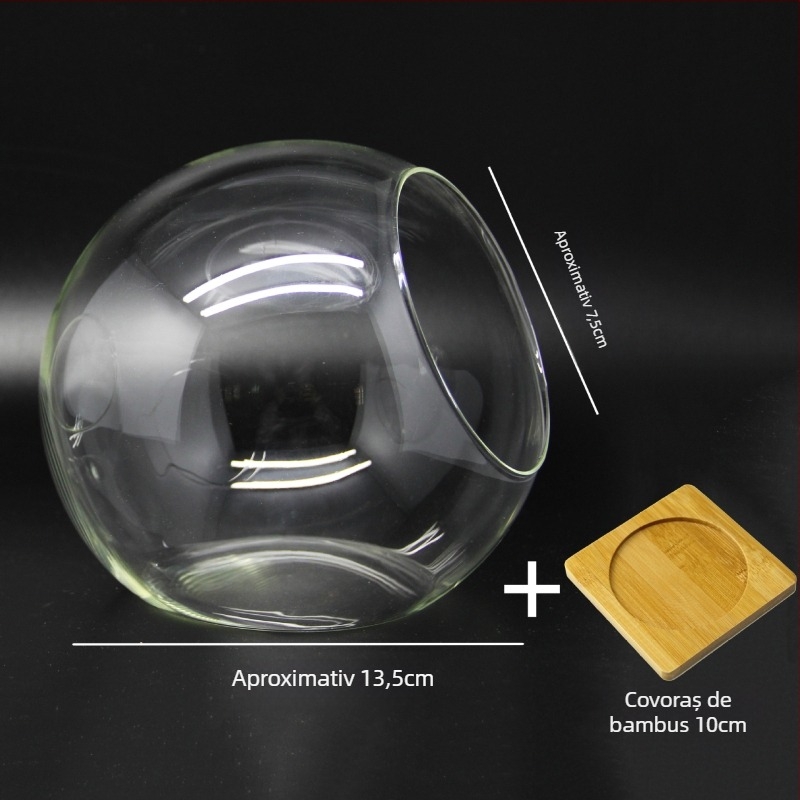 Micro peisaj în bilă de sticlă pentru suculente – vază cu deschidere înclinată, sticlă borosilicată înaltă