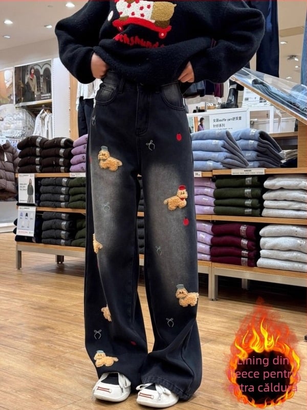 Pantaloni femei cu broderie, croială largă, talie înaltă, bumbac 70-80%, iarnă 2025