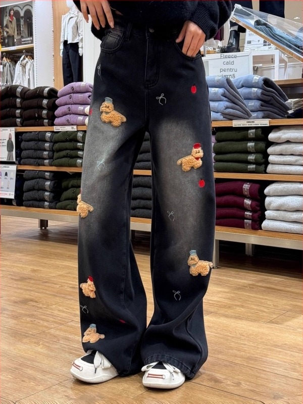 Pantaloni femei cu broderie, croială largă, talie înaltă, bumbac 70-80%, iarnă 2025