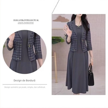 Set din două piese: geacă cu decolteu în V și fustă midi, model cu dungi/carouri, design collage, toamnă 2025, poliester