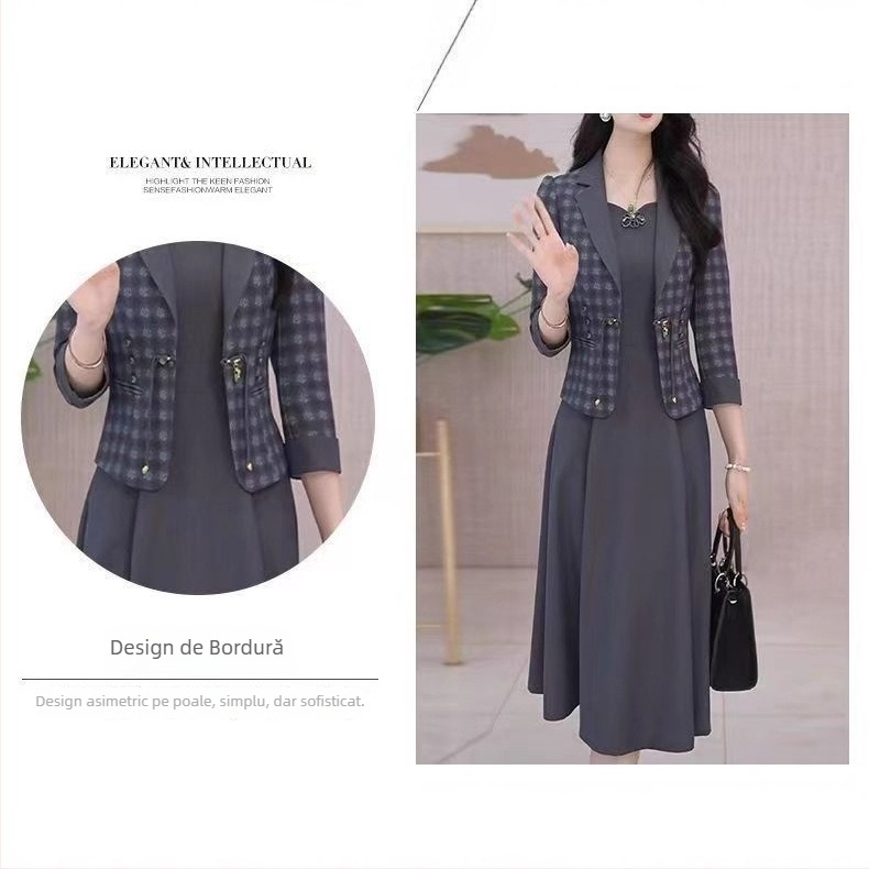 Set din două piese: geacă cu decolteu în V și fustă midi, model cu dungi/carouri, design collage, toamnă 2025, poliester