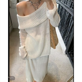 Set două piese: Rochie tricotată din lână cu bretele, în stil franțuzesc retro pentru începutul toamnei, cu top cu șal, fustă lungă