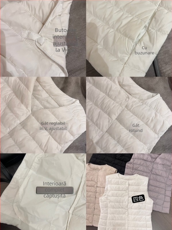 Vesta cu puf de găscă, căptușită, decolteu în V, țesătură poliester, conținut principal peste 95%, stil urban