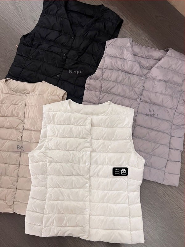 Vesta cu puf de găscă, căptușită, decolteu în V, țesătură poliester, conținut principal peste 95%, stil urban