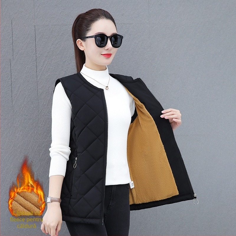 Vesta pentru femei cu căptușeală din fleece, guler rotund, exterior poliester, conținut poliester 95%+, primăvara 2025