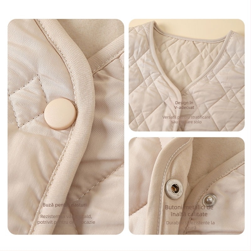 Vesta de damă în stil cardigan, material poliester, umplutură poliester-cotton, închidere cu fermoar, guler în formă de U