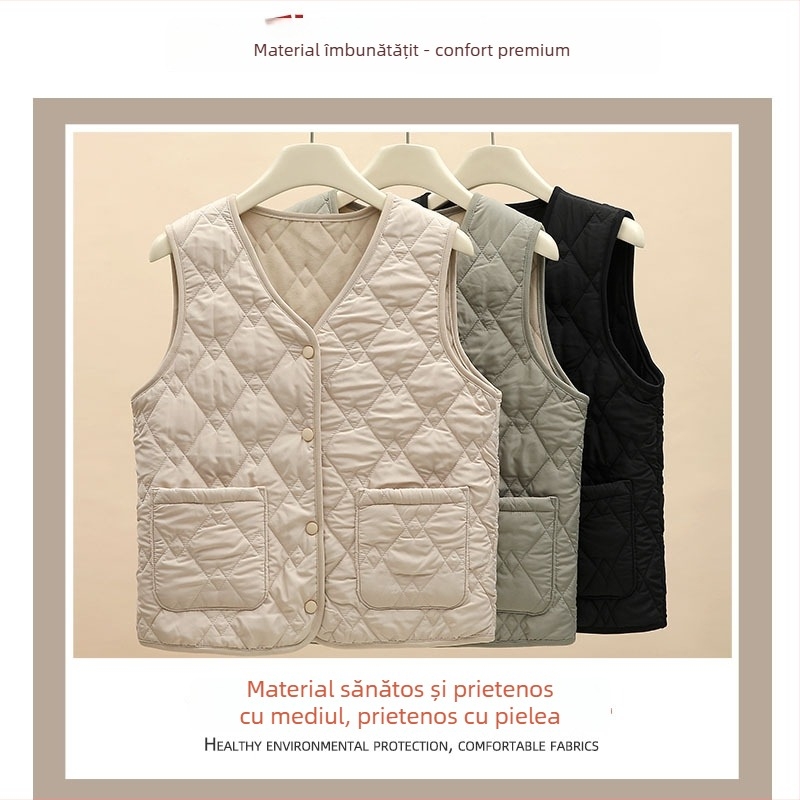 Vesta de damă în stil cardigan, material poliester, umplutură poliester-cotton, închidere cu fermoar, guler în formă de U