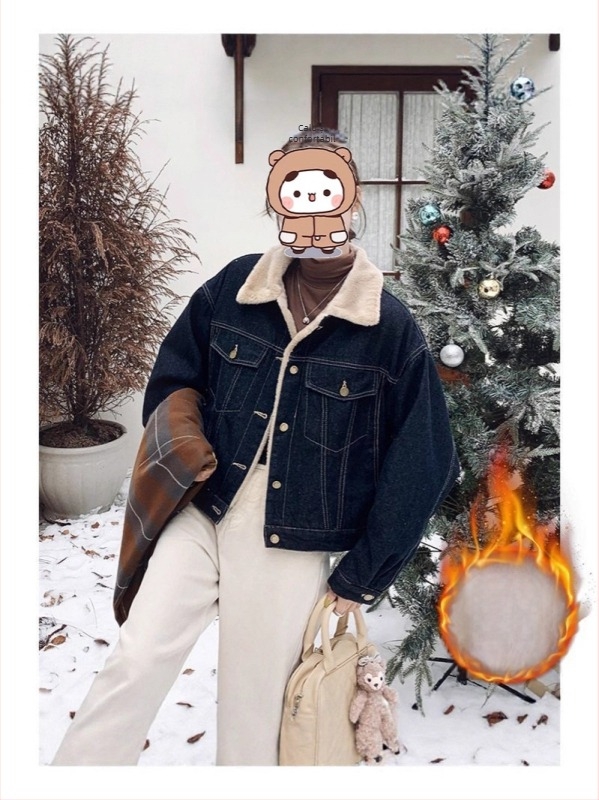 Jachetă din denim de bumbac pentru femei, căptușită cu fleece, guler polo, mâneci lungi - stil casual coreean de înaltă calitate, iarna 2025