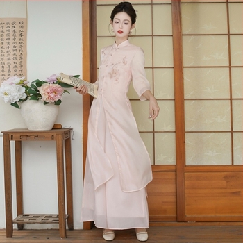 Set rochie și pantaloni stil chinezesc cu broderie, talie elastică, lungime medie, mâneci 3/4, Zen zilnic (Material: Fire de bumbac; Material principal: piele de capră; An/Sezon: model universal)