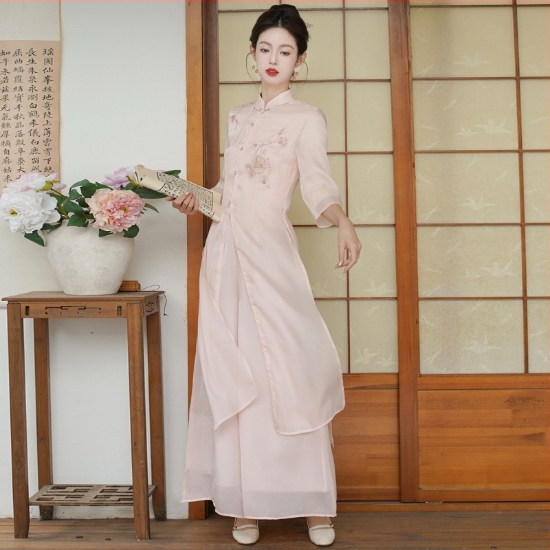 Set rochie și pantaloni stil chinezesc cu broderie, talie elastică, lungime medie, mâneci 3/4, Zen zilnic (Material: Fire de bumbac; Material principal: piele de capră; An/Sezon: model universal)