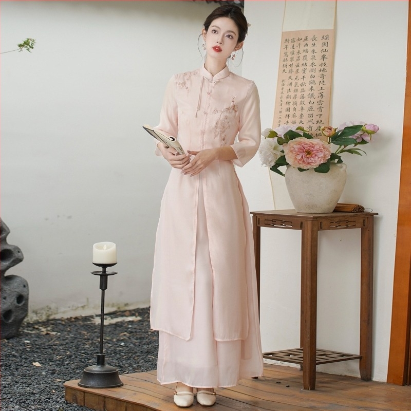 Set rochie și pantaloni stil chinezesc cu broderie, talie elastică, lungime medie, mâneci 3/4, Zen zilnic (Material: Fire de bumbac; Material principal: piele de capră; An/Sezon: model universal)