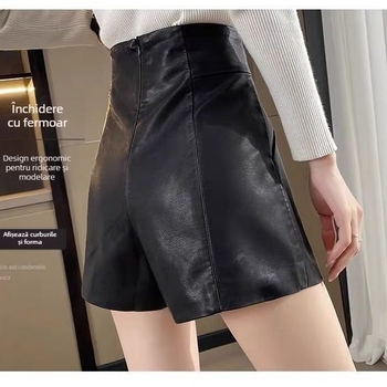 Șorturi din piele PU, talie înaltă, buzunare, fermoar invizibil, croială A-line pentru toamnă-iarnă