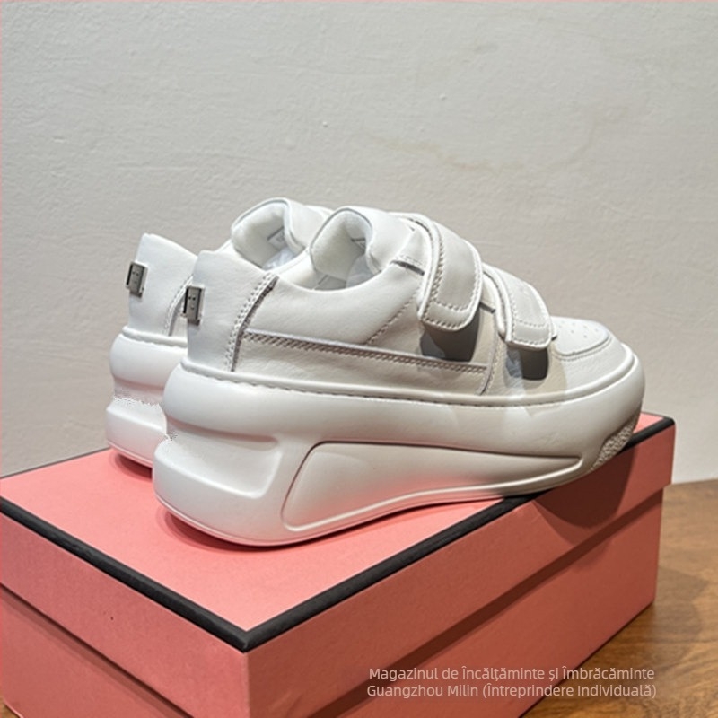 Pantofi sport din piele cu Velcro, talpă din cauciuc de 7 cm și căptușeală din lână de oaie