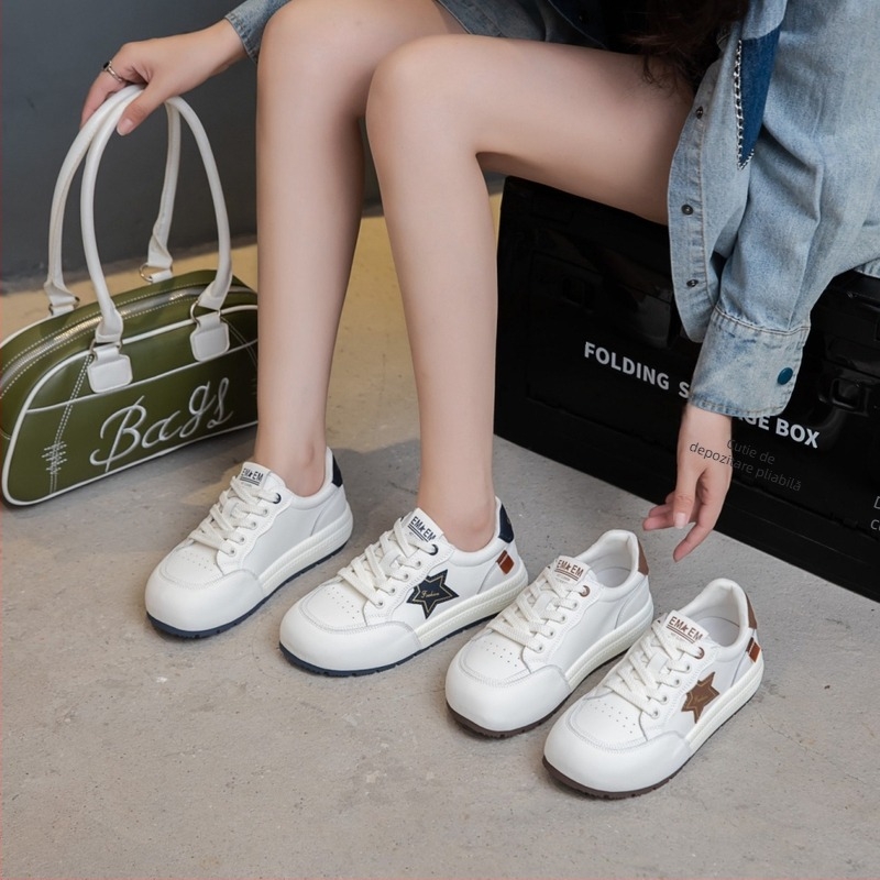 Pantofi sport casual din piele pentru femei, platformă de 3-5 cm, talpă din cauciuc, închidere cu șireturi