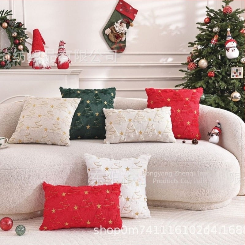Husă de pernă cu brad de Crăciun, pluș, model festiv