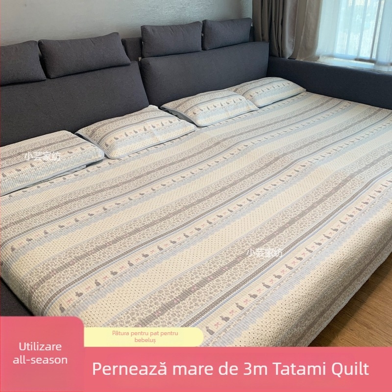 Set de acoperire pentru pat în stil tatami, trei piese, moale, antiderapant, din bumbac 100%, țesătură groasă, în dungi twill, vopsire reactive