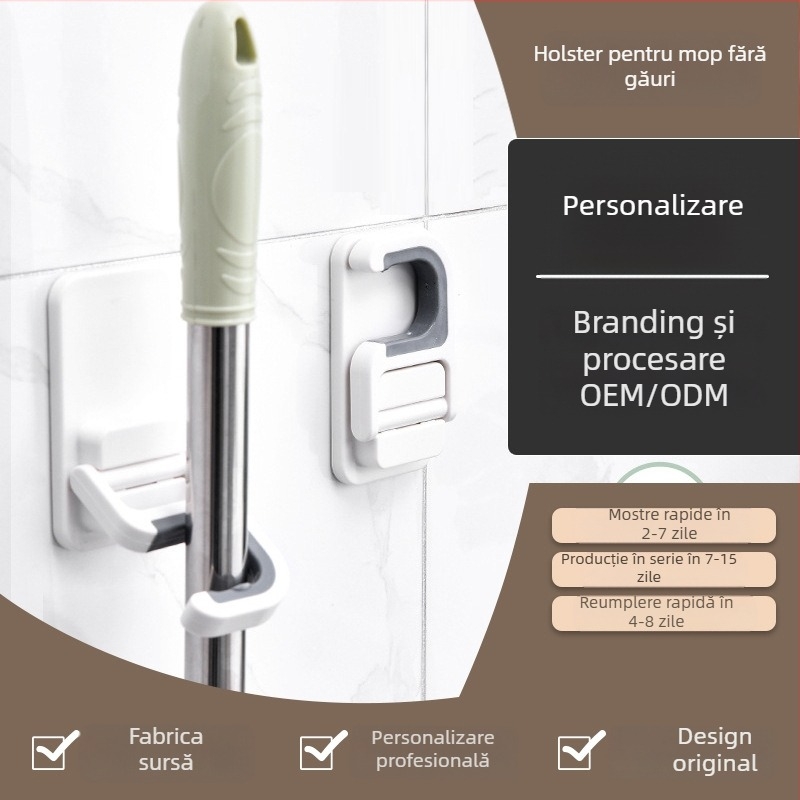Cuier de perete pentru mop, fără găuri – ABS, cârlig unic, stil modern minimalist, până la 1 kg, pachet 1