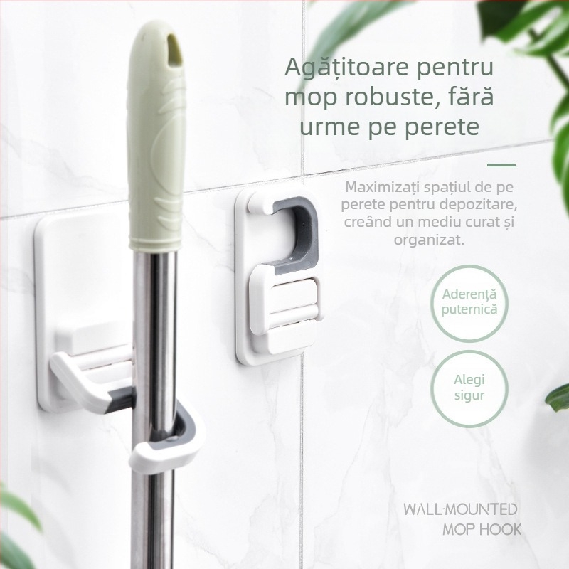 Cuier de perete pentru mop, fără găuri – ABS, cârlig unic, stil modern minimalist, până la 1 kg, pachet 1