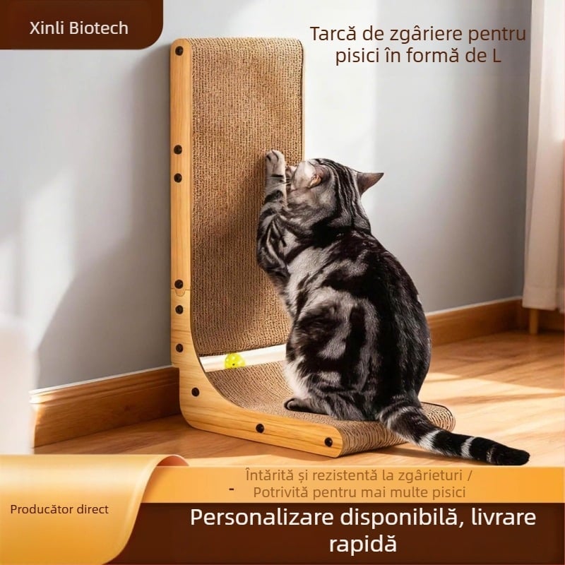 Tăbliță de zgâriere pentru pisici, în formă de L, din lemn, cu minge-jucălie catnip încorporată, montaj vertical pe perete, stil simplu