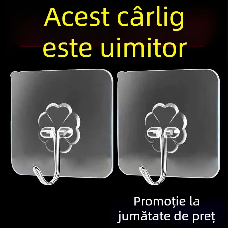 Cuier adeziv pentru perete, transparent, fără găuri, din plastic, cuier unic, 0–1 kg.