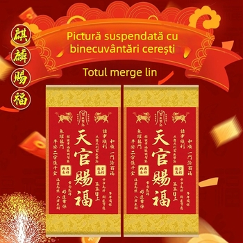 Tablou decorativ suspendat cu motiv Kirin Blessing, ramă din lemn masiv, pânză de mătase, stil clasic chinezesc; potrivit pentru living și intrare
