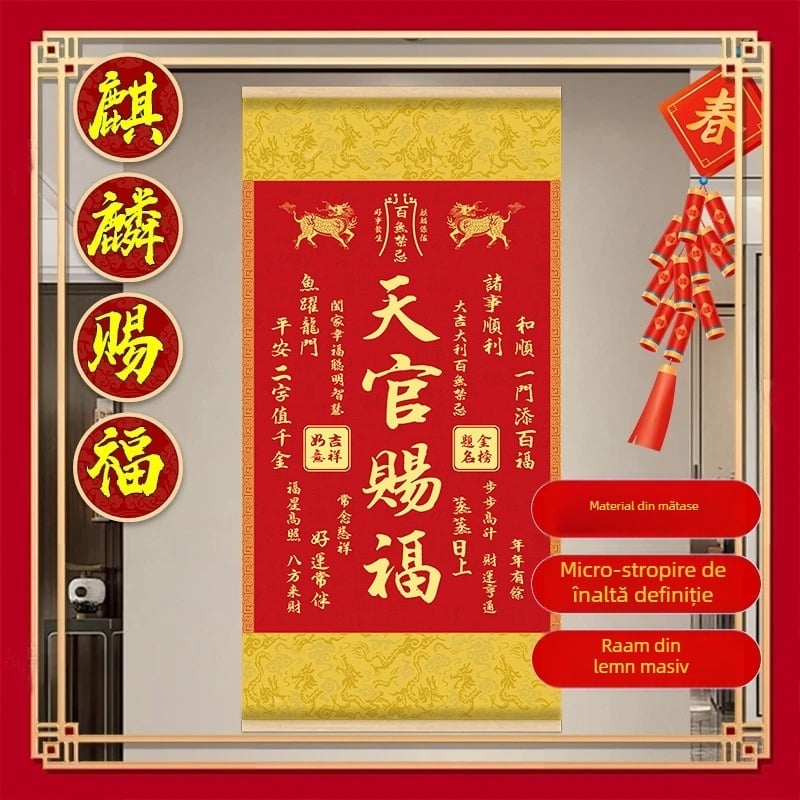 Tablou decorativ suspendat cu motiv Kirin Blessing, ramă din lemn masiv, pânză de mătase, stil clasic chinezesc; potrivit pentru living și intrare