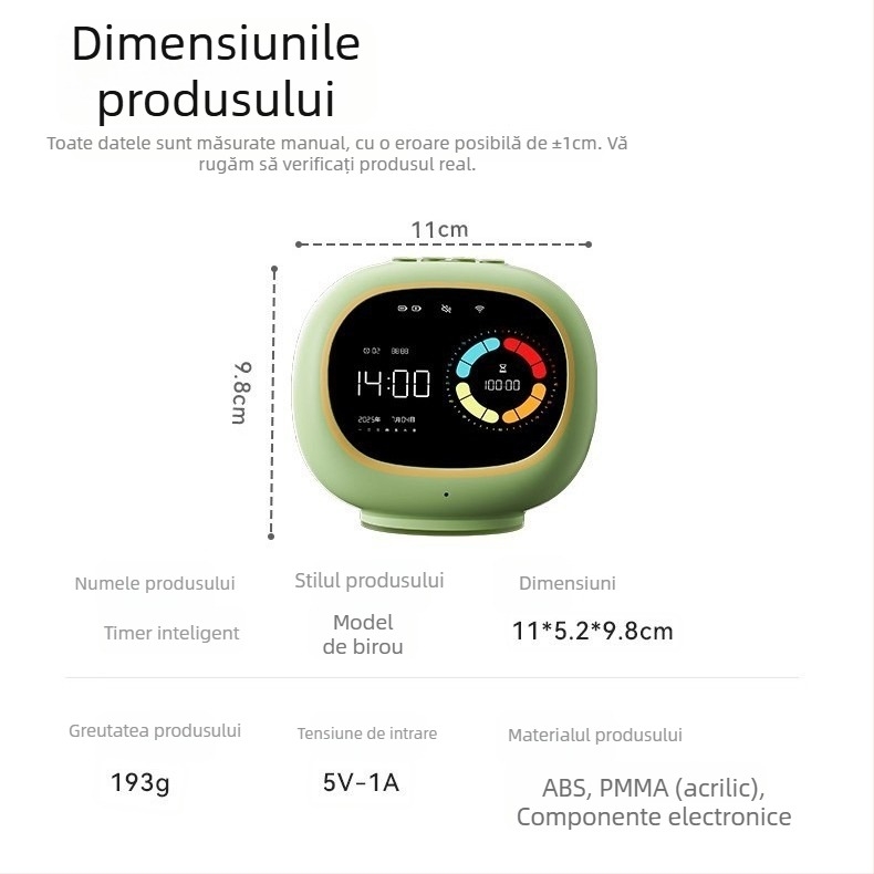 Ceas cu alarmă vocal personalizat Yunfeng pentru copii — temporizator de învățare, manager vizual al timpului pentru autodisciplină la elevi (Mișcare electronică, afișaj LCD, carcasă rotundă din plastic, alimentat cu baterii)