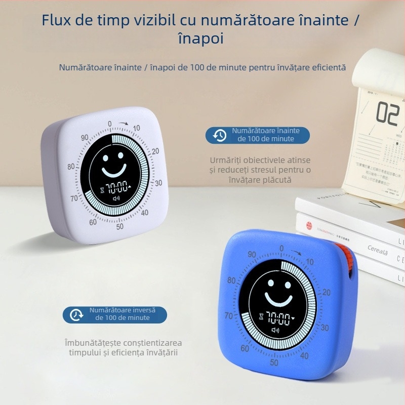 Temporizator vizual zâmbitor cu alarmă — Mișcare electronică, Afișaj numeric, Formă pătrată, Stil modern minimalist, Alimentare cu baterie