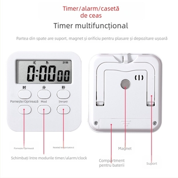 Timer digital de birou cu afișaj LED, mecanism electronic, alimentare cu baterie, potrivit pentru studiu, birou și bucătărie