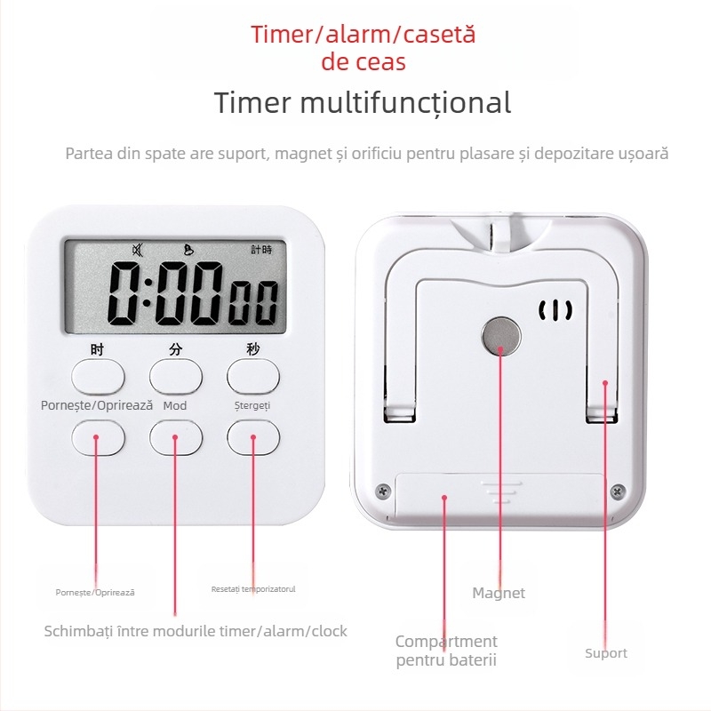 Timer digital de birou cu afișaj LED, mecanism electronic, alimentare cu baterie, potrivit pentru studiu, birou și bucătărie