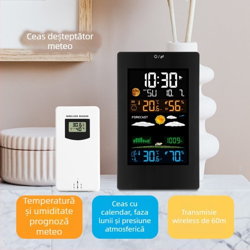 Ceas de alarmă cu stație meteo cu trei canale, temperatură și umiditate interne/externă, afișaj LCD, faze ale Lunii, oră mondială