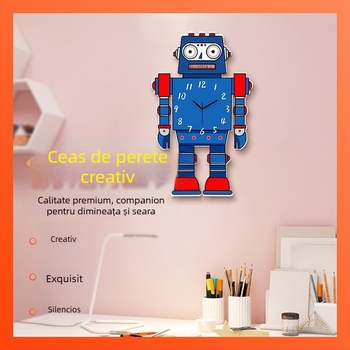 Ceas de perete; stil desen animat; față analogă cu cifre; carcasă din lemn; mișcare cuarț (alimentat cu baterie)