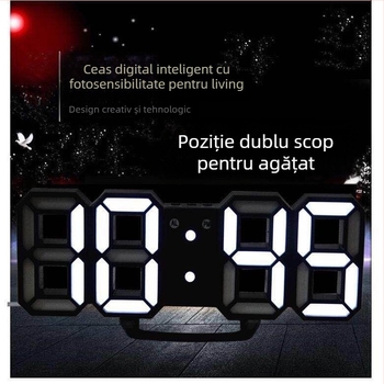 Ceas de alarmă cu afișaj LED, alimentat cu baterii, mecanism electronic, carcasă din plastic, stil modern minimalist.