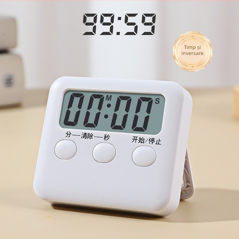 Cronometru de bucătărie cu mișcare electronică, afișaj LCD, numărătoare inversă, alimentat cu baterii, carcasă din plastic dreptunghiulară