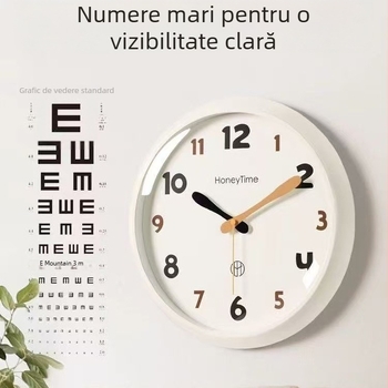 Ceas de perete rotund, stil nordic, carcasă din plastic, mișcare cuarț marca Mjk, alimentare cu baterie, afișaj cu cifre și ace