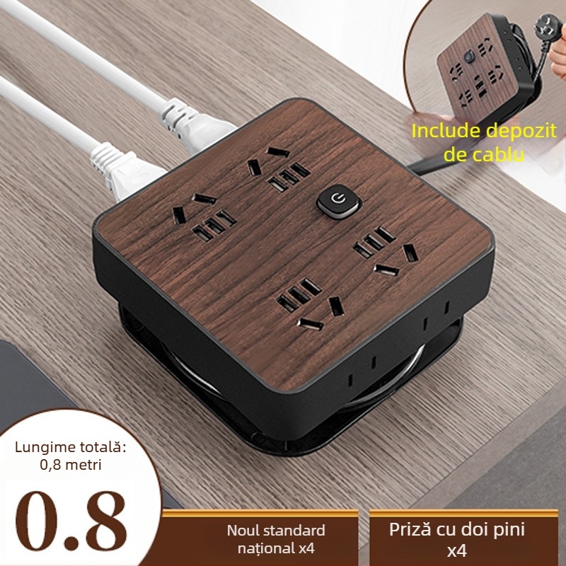 Prelungitor cu aspect lemn pentru uz casnic, prize multiple, 10A, 100–250V, carcasă ABS, conductori din cupru, certificat 3C