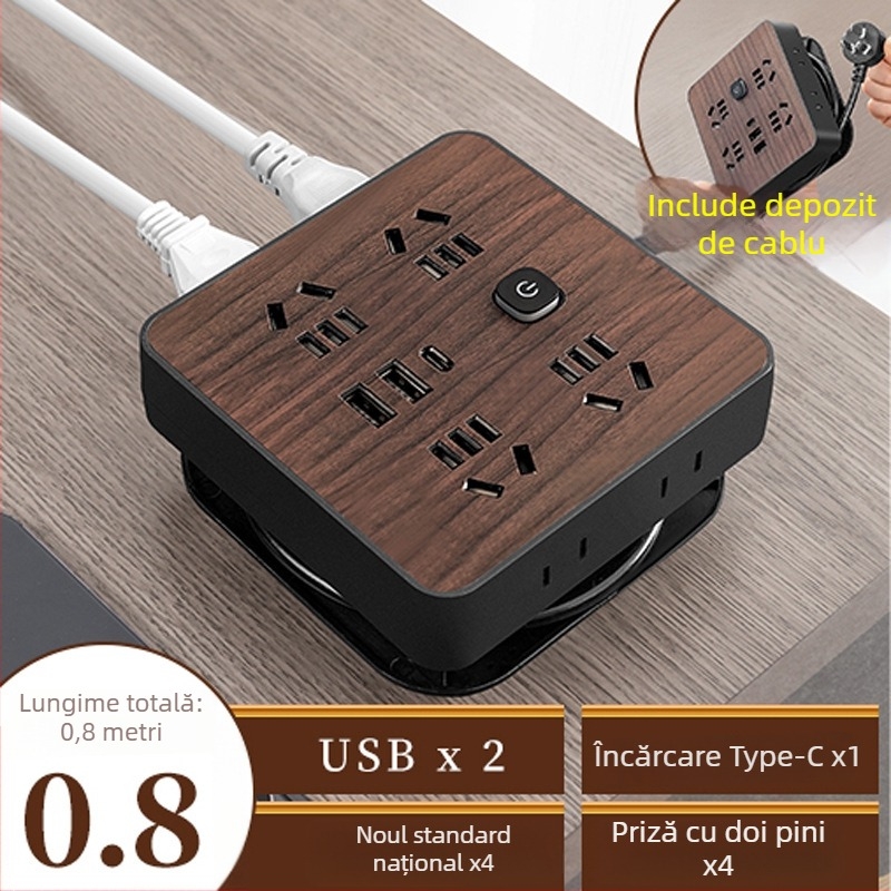 Prelungitor cu aspect lemn pentru uz casnic, prize multiple, 10A, 100–250V, carcasă ABS, conductori din cupru, certificat 3C