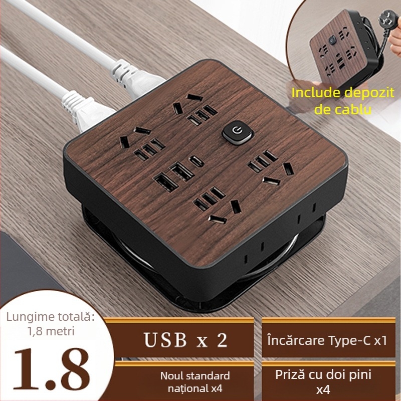 Prelungitor cu aspect lemn pentru uz casnic, prize multiple, 10A, 100–250V, carcasă ABS, conductori din cupru, certificat 3C