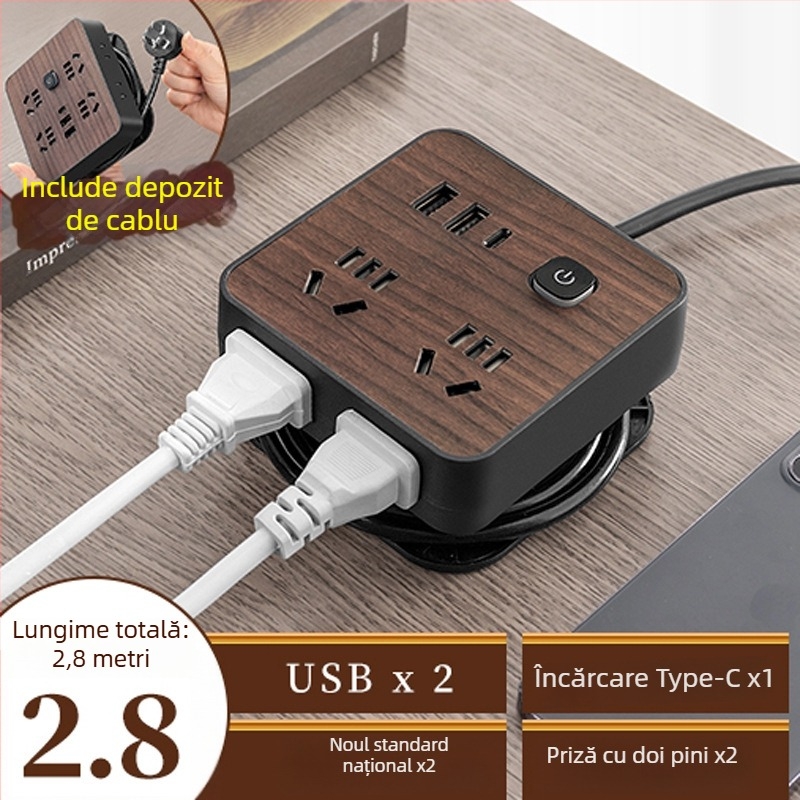 Prelungitor cu aspect lemn pentru uz casnic, prize multiple, 10A, 100–250V, carcasă ABS, conductori din cupru, certificat 3C