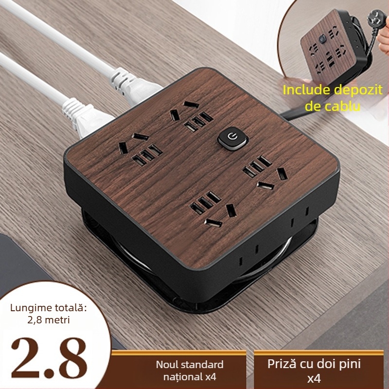 Prelungitor cu aspect lemn pentru uz casnic, prize multiple, 10A, 100–250V, carcasă ABS, conductori din cupru, certificat 3C